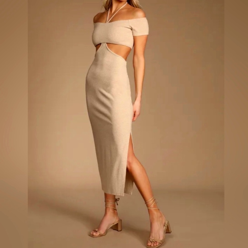 Lulus Beige Halter Off the Shoulder open torso dress - Size S